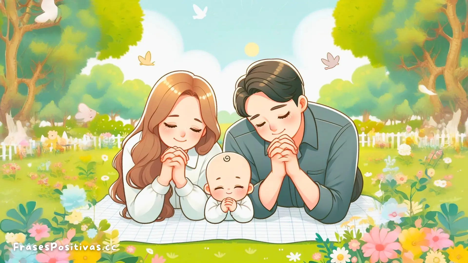 A family of three, with a mother, a father, and a baby, praying together in a park. They are lying on a blanket, looking at the sky, and thanking God for their blessings. The park is green and sunny, with flowers, trees, and birds. The image has a cute and realistic style, with soft light and natural colors.